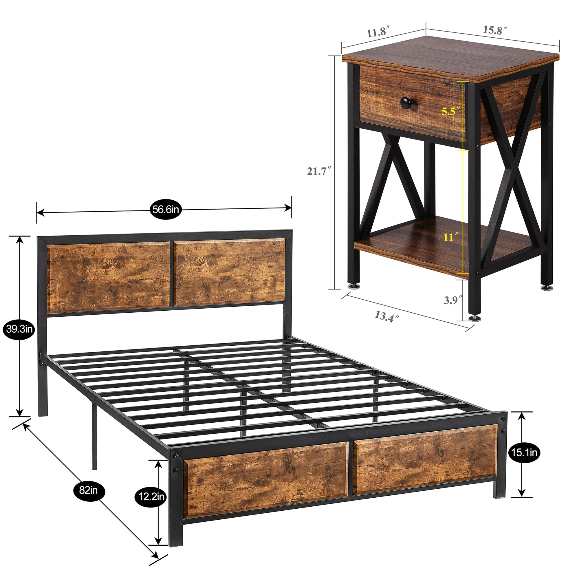 VECELO 3 - Piece Bedroom Set with Twin Size Bed Frame and 1 - Drawer Black Nightstands