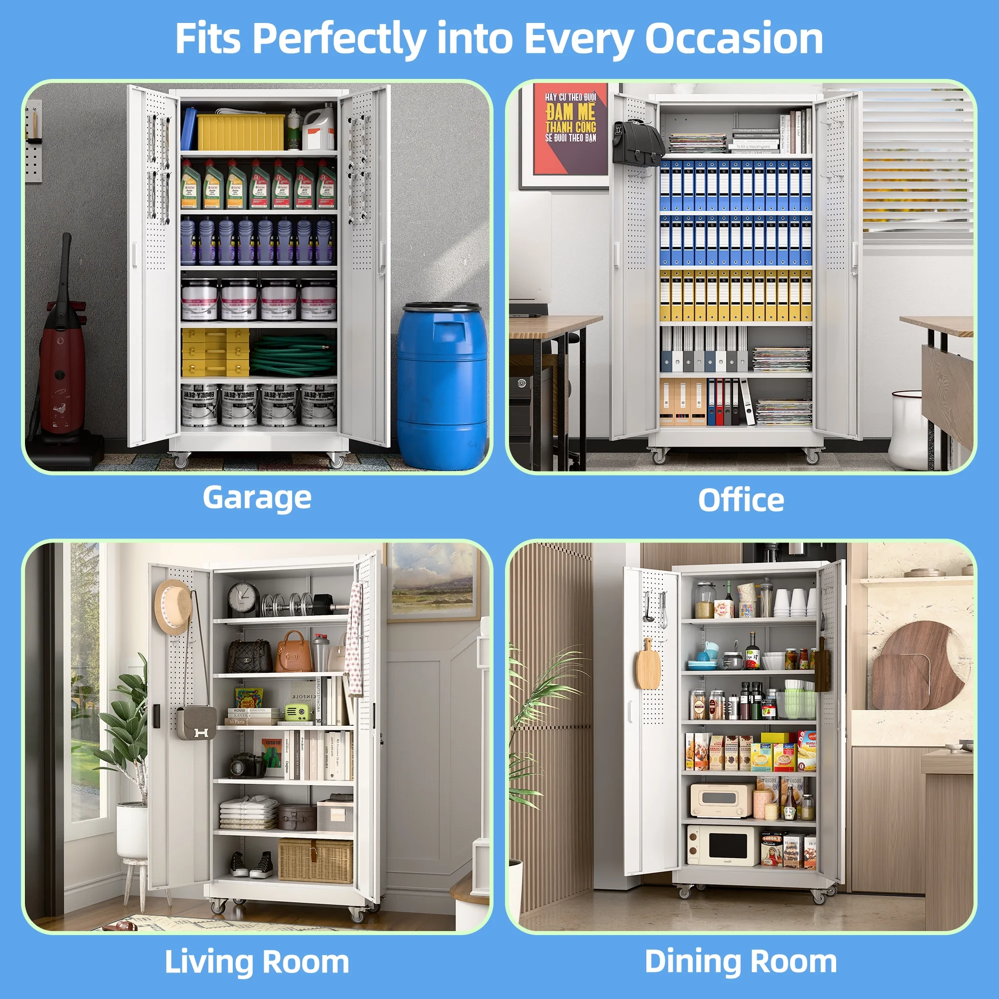 GangMei 71-Inch Metal Lockable Storage Cabinet with Pegboards and 5 adjustable shelves, White, Assembly Required