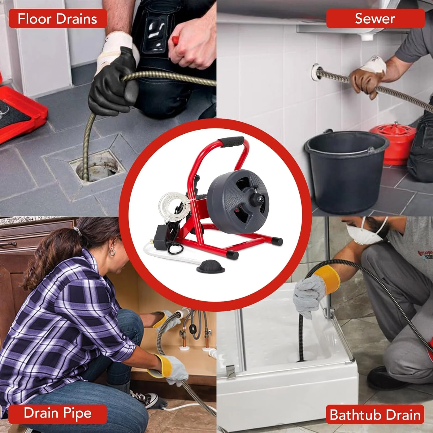 AOILE Drain Cleaning Machine 75Ft x 1/2 in, Electric Drain Auger for 2-4 Inch Pipes with Cutters & Glove
