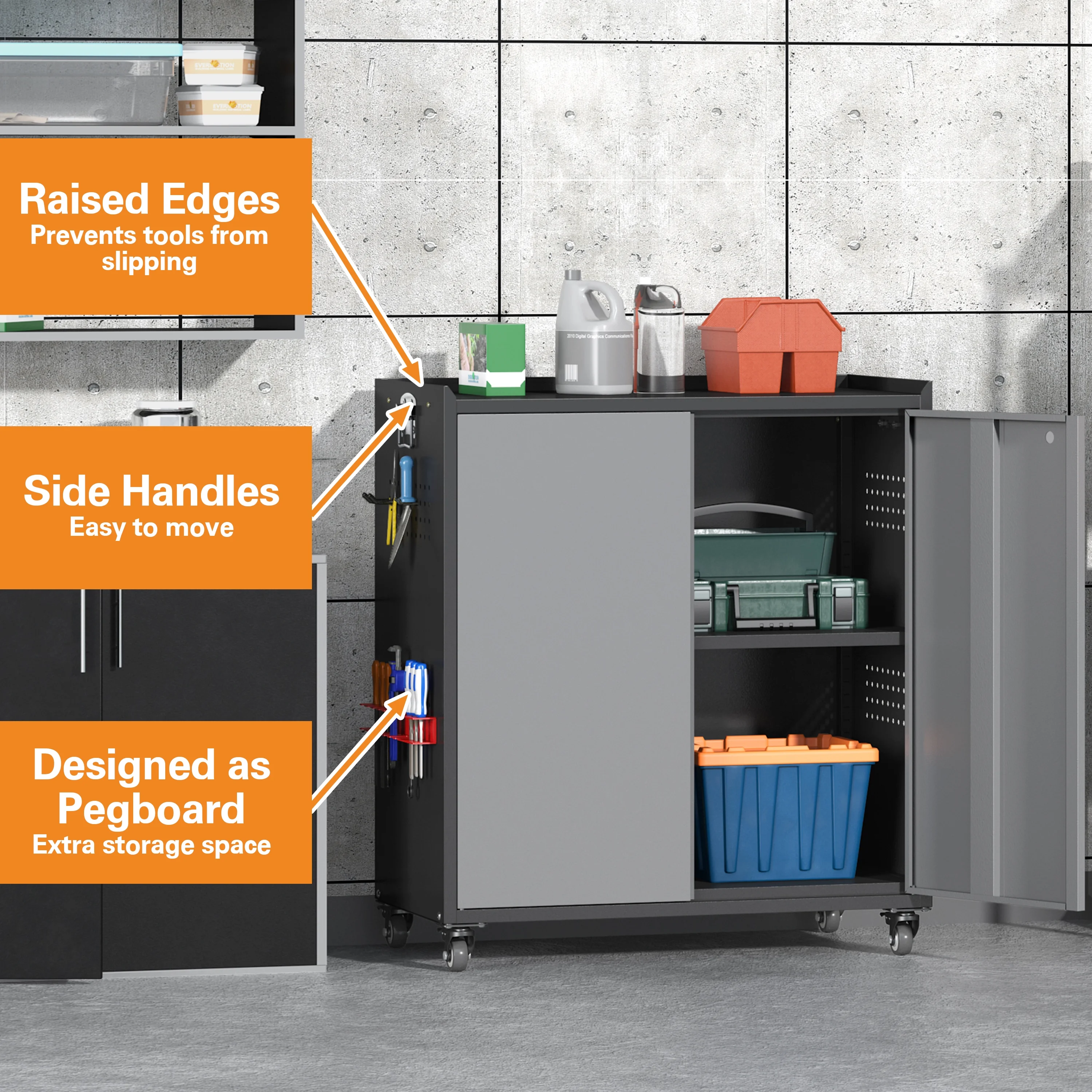 Firstsky Metal Garage Storage Cabinet with Wheels, Adjustable Rolling Tool Storage Cabinet with Lock, 34" Steel Locking Tool Cabinet with Doors and Shelves-Black&Gray, 34.3" H-