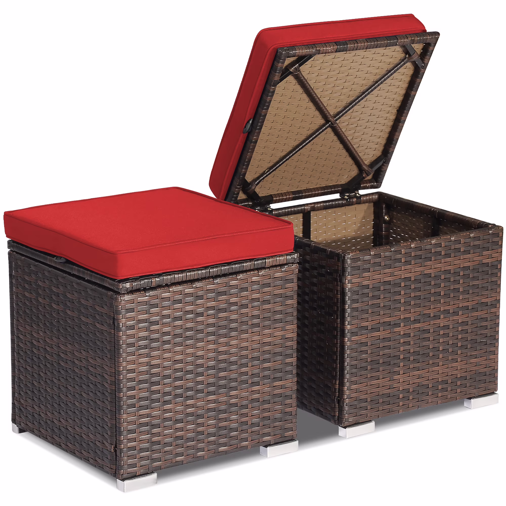 Costway 2PC Patio Rattan Ottoman Seat Side Table Storage Box Footrest Off White