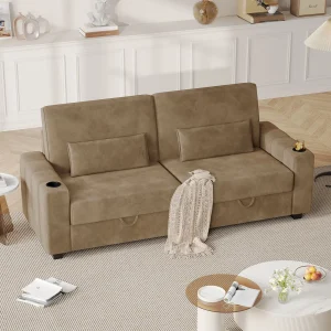 87-Large Loveseat Sofa, 3 Seater Couch with Storage, Velvet Fabric Deep Seat Sofa with Pillow& Cup Holders, Modern Comfy Sofa with USB& Type-C Ports, Home Sofa Couch for Living Room Bedroom