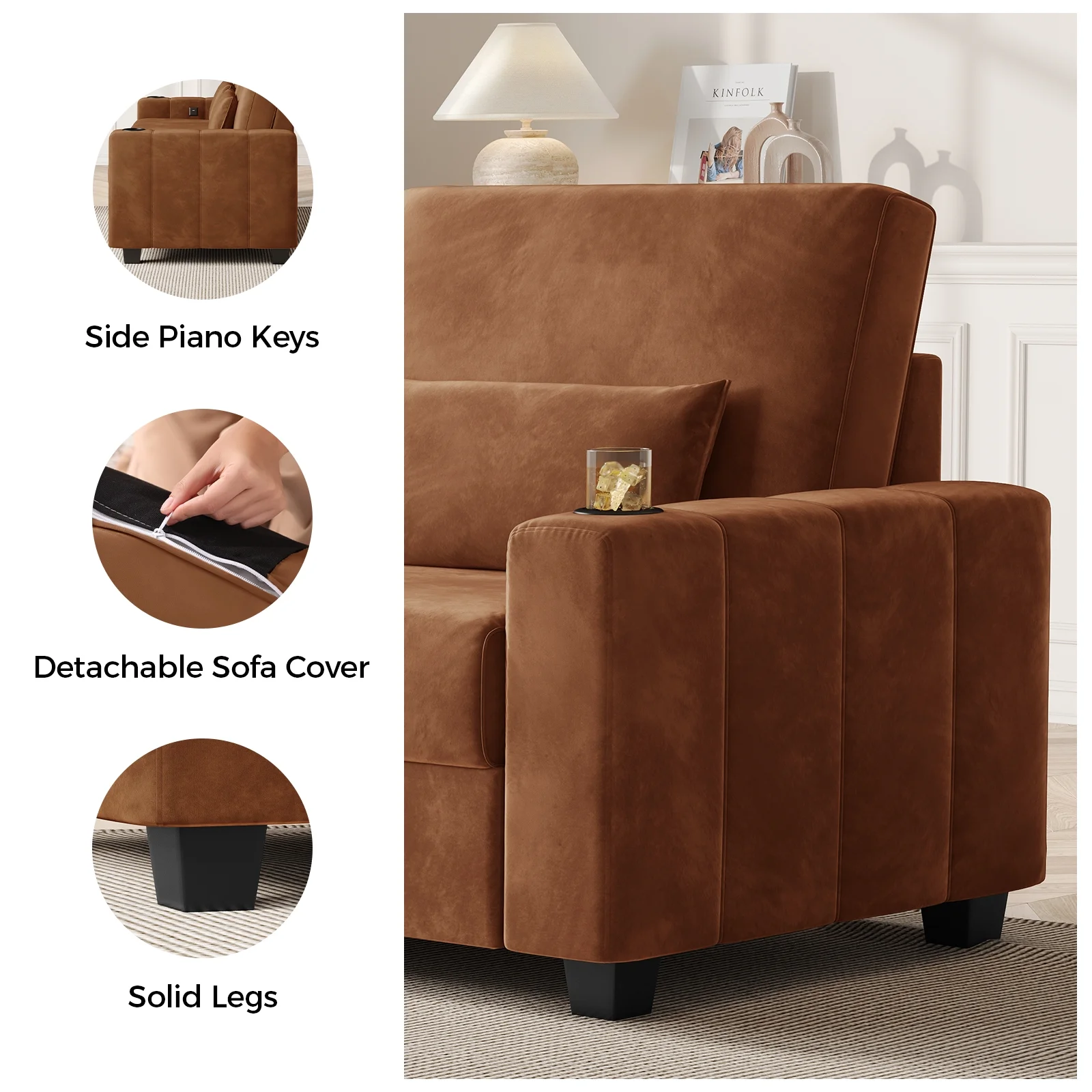 87-Large Loveseat Sofa, 3 Seater Couch with Storage, Velvet Fabric Deep Seat Sofa with Pillow& Cup Holders, Modern Comfy Sofa with USB& Type-C Ports, Home Sofa Couch for Living Room Bedroom