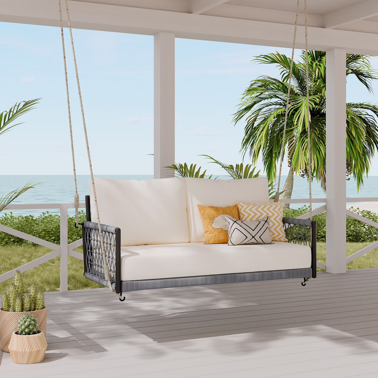 Harper & Bright Designs PE Ratten Porch Swing Chair, 2-Seater Hanging Swing Bench with Chains, All Weather Design Patio Furniture Swing for Backyard Garden Poolside, Grey and White