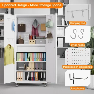 GangMei 71-Inch Metal Lockable Storage Cabinet with Pegboards and 5 adjustable shelves, White, Assembly Required