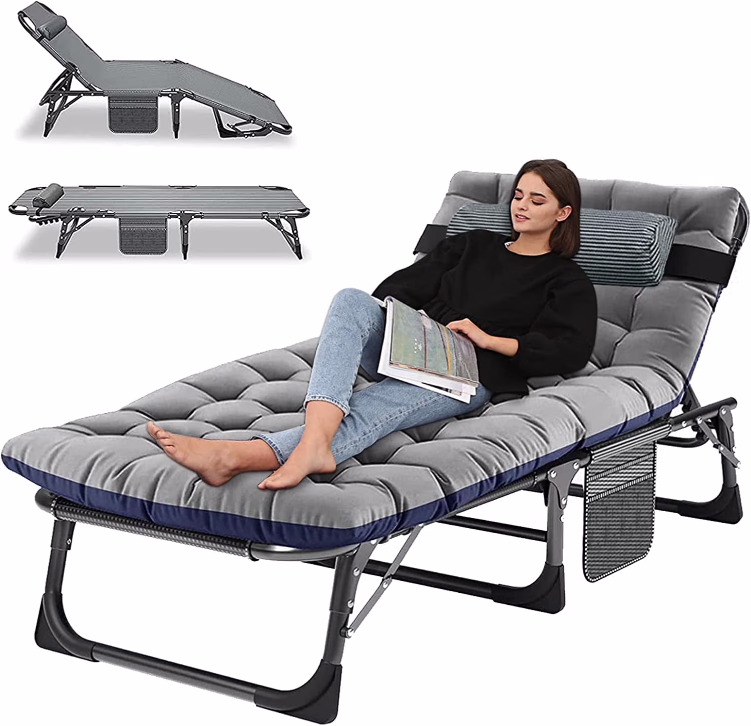 Slsy Folding Lounge Chair, 5-Position Adjustable Outdoor Reclining Chair, Folding Sleeping Bed Cot, Folding Chaise Lounge Chair for Pool Beach Patio Sunbathing