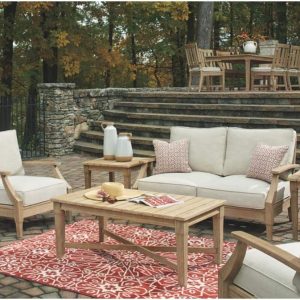 Signature Design by Ashley Clare View Coastal Outdoor Patio Eucalyptus Sofa with Cushions, Beige