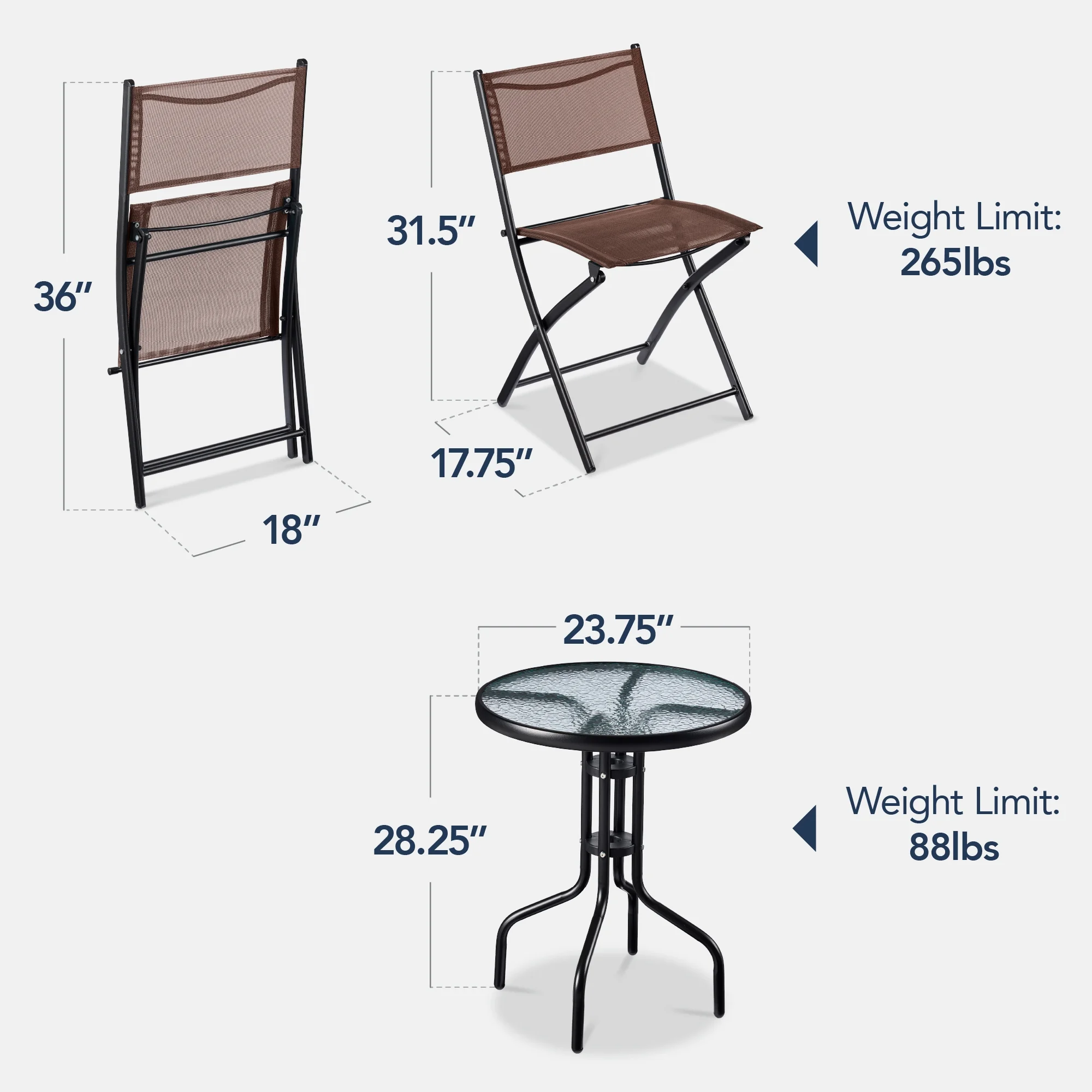 Best Choice Products 3-Piece Patio Bistro Dining Furniture Set w/ Glass Tabletop, Folding Chairs - Gray