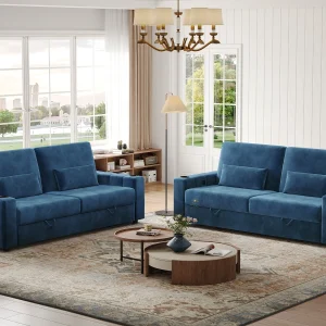 87-Large Loveseat Sofa, 3 Seater Couch with Storage, Velvet Fabric Deep Seat Sofa with Pillow& Cup Holders, Modern Comfy Sofa with USB& Type-C Ports, Home Sofa Couch for Living Room Bedroom
