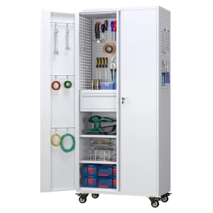 GangMei 71-Inch Metal Lockable Storage Cabinet with Pegboards and 5 adjustable shelves, White, Assembly Required