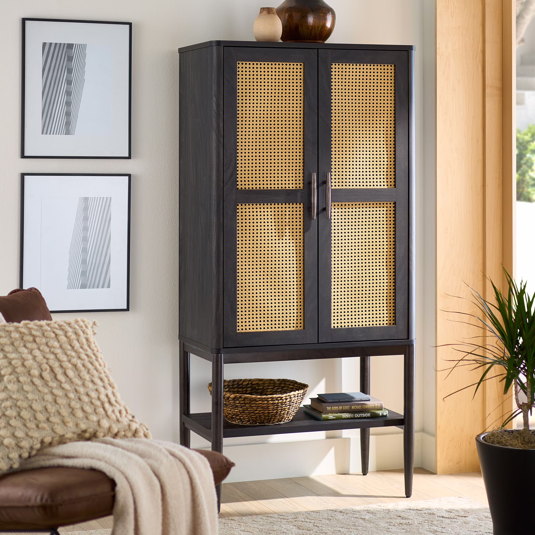 Better Homes & Gardens Springwood Caning Storage Accent Cabinet, Light Honey Finish