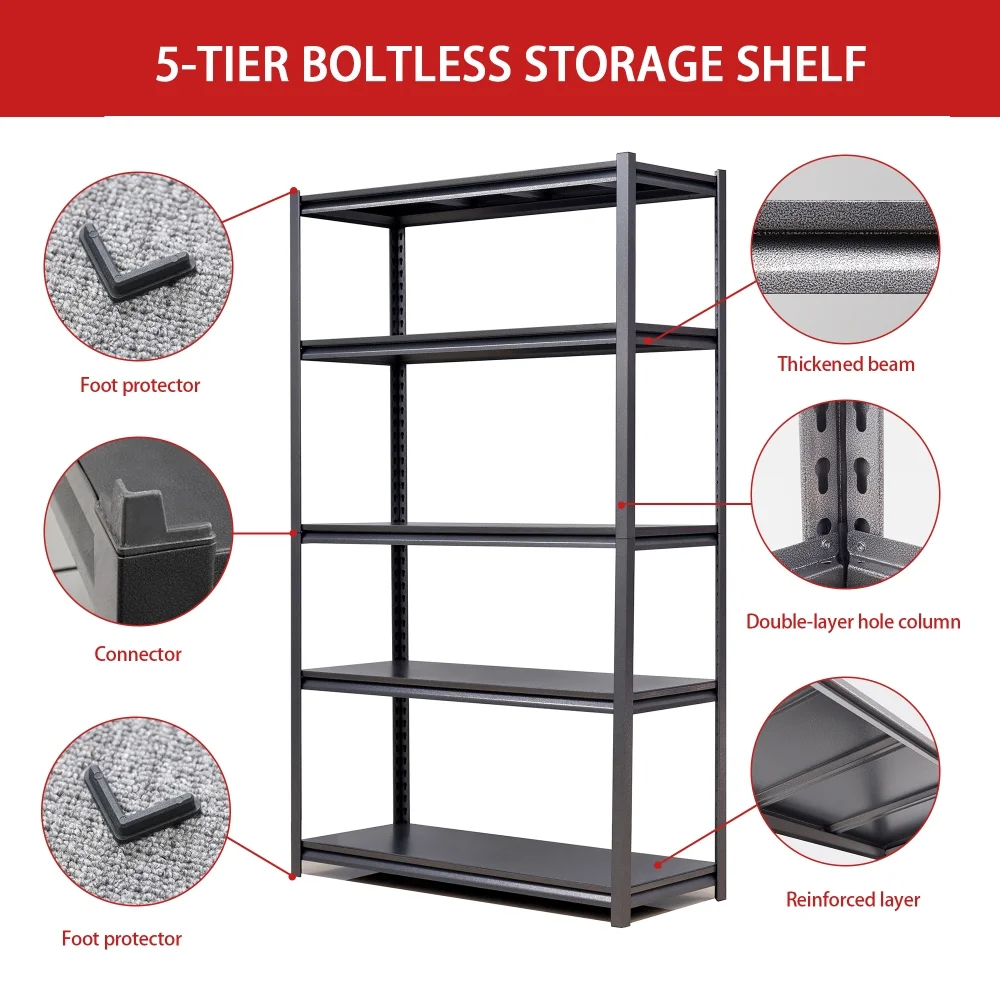 Black Heavy-Duty 5-Tier Metal Shelving Unit, 63"H with 2000LBS Capacity for Garage, Kitchen Storage -C Adjustable, Industrial Design