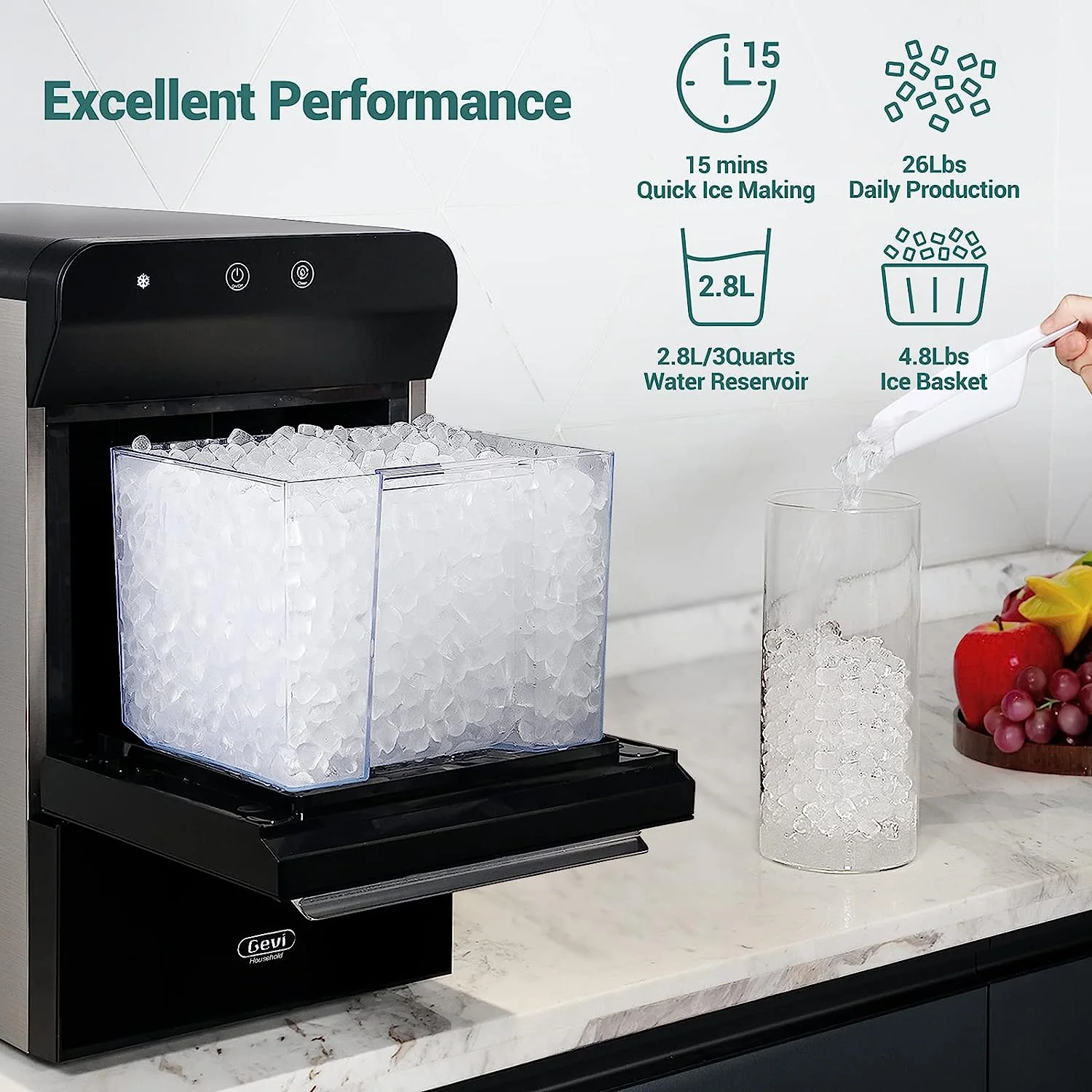 V2.0 Countertop Nugget Ice Maker | Self Cleaning Pellet Ice Maker | Open and Pour Refill | Stainless Steel Housing |