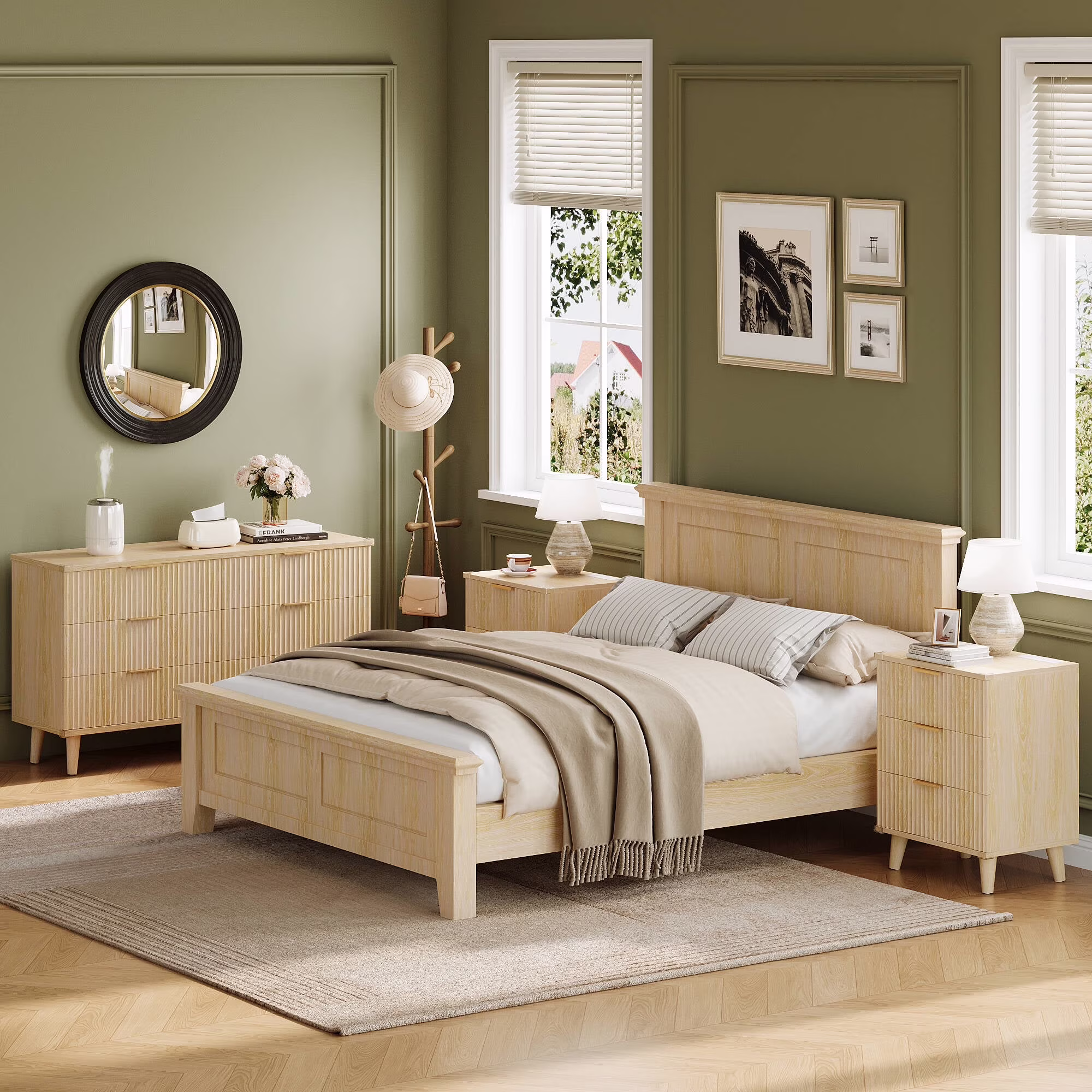 Laintene 3-Piece Boho Bedroom Set - 6-Drawer Dresser & 2 Nightstands with 3 Drawers & USB Charging, Fluted Wooden Storage, Modern Dresser & Nightstand Combo, Natural