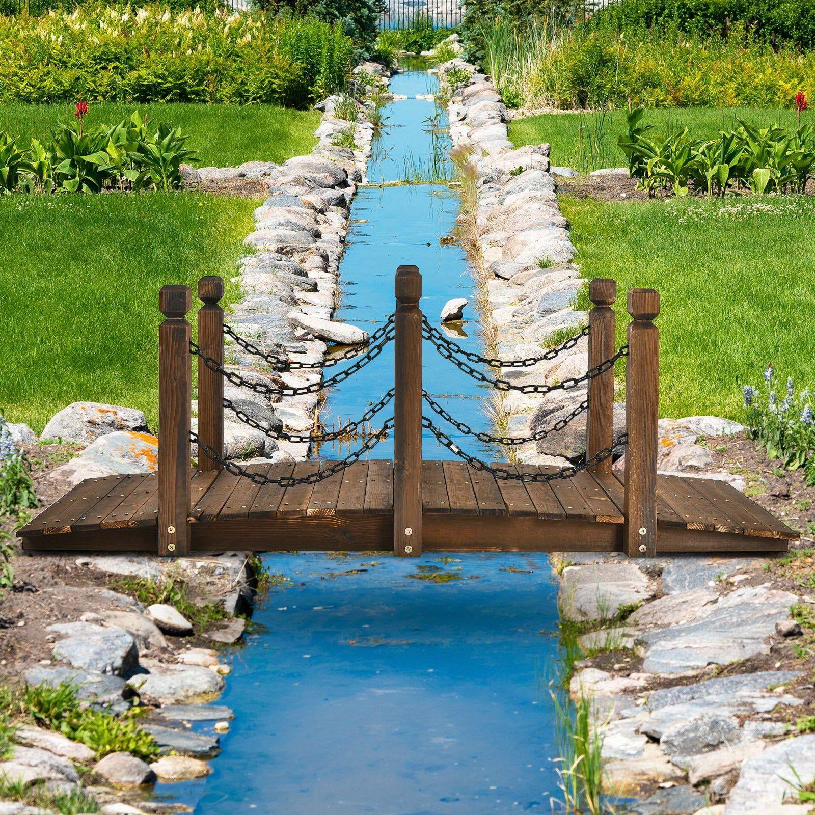5ft Rustic Wooden Garden Bridge with Railings -C Sturdy Fir Footbridge, Weather-Resistant Outdoor Walkway for Weddings, Home Decor, and Gardens, Supports Up to 500 lbs, Natural Brown Finish