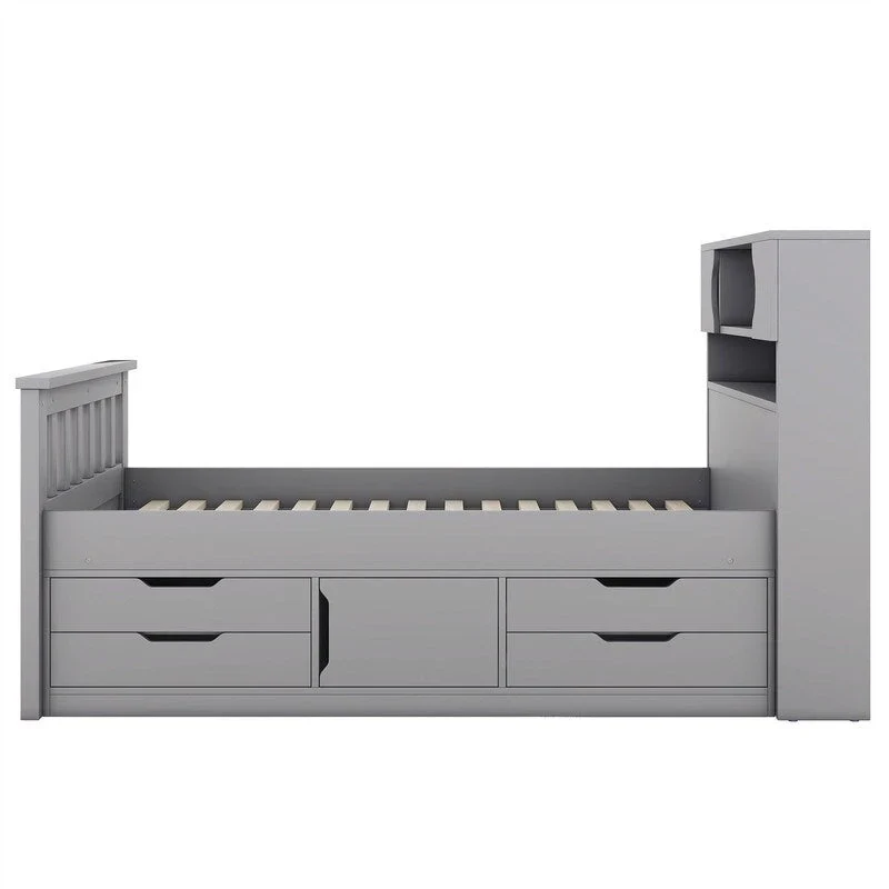 Twin/Full Size Captain Platform Bed with 4 Drawers and Storage Shelves, Solid Wood Bed Frame with Storage Bookcase Headboard