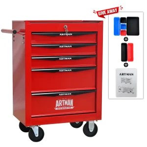 Tool Cabinets 4 Drawers Multifunctional Tool Cart with Wheels,Metal Rolling Tool Cart Storage for Garage Workshop Warehouse Repair Shop--With Stainless Steel Roof- Red&Black,Garage Tool Cabinets