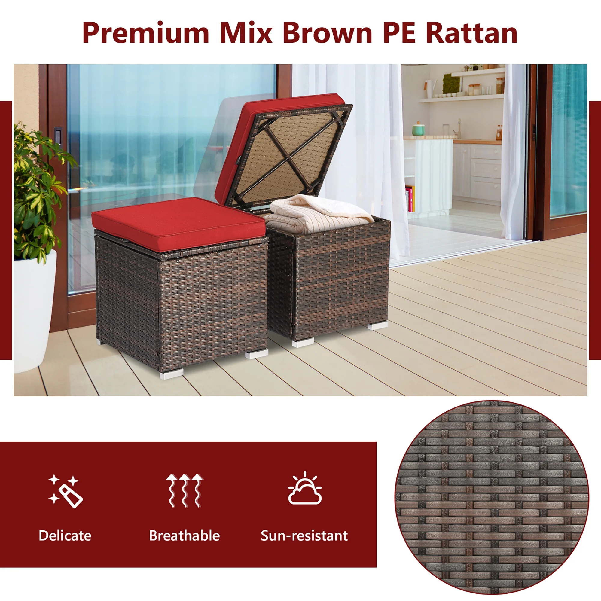 Costway 2PC Patio Rattan Ottoman Seat Side Table Storage Box Footrest Off White