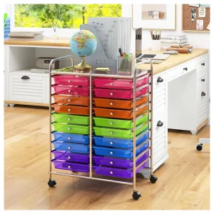 20 Drawers Storage Cart w/Rolling Wheels, Semi-Transparent Mobile Rolling Drawer Cart for School Classroom Office Home Salon, Files Scrapbook Craft Organizer, Utility Cart on Wheels (Clear)