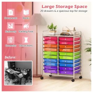 20 Drawers Storage Cart w/Rolling Wheels, Semi-Transparent Mobile Rolling Drawer Cart for School Classroom Office Home Salon, Files Scrapbook Craft Organizer, Utility Cart on Wheels (Clear)