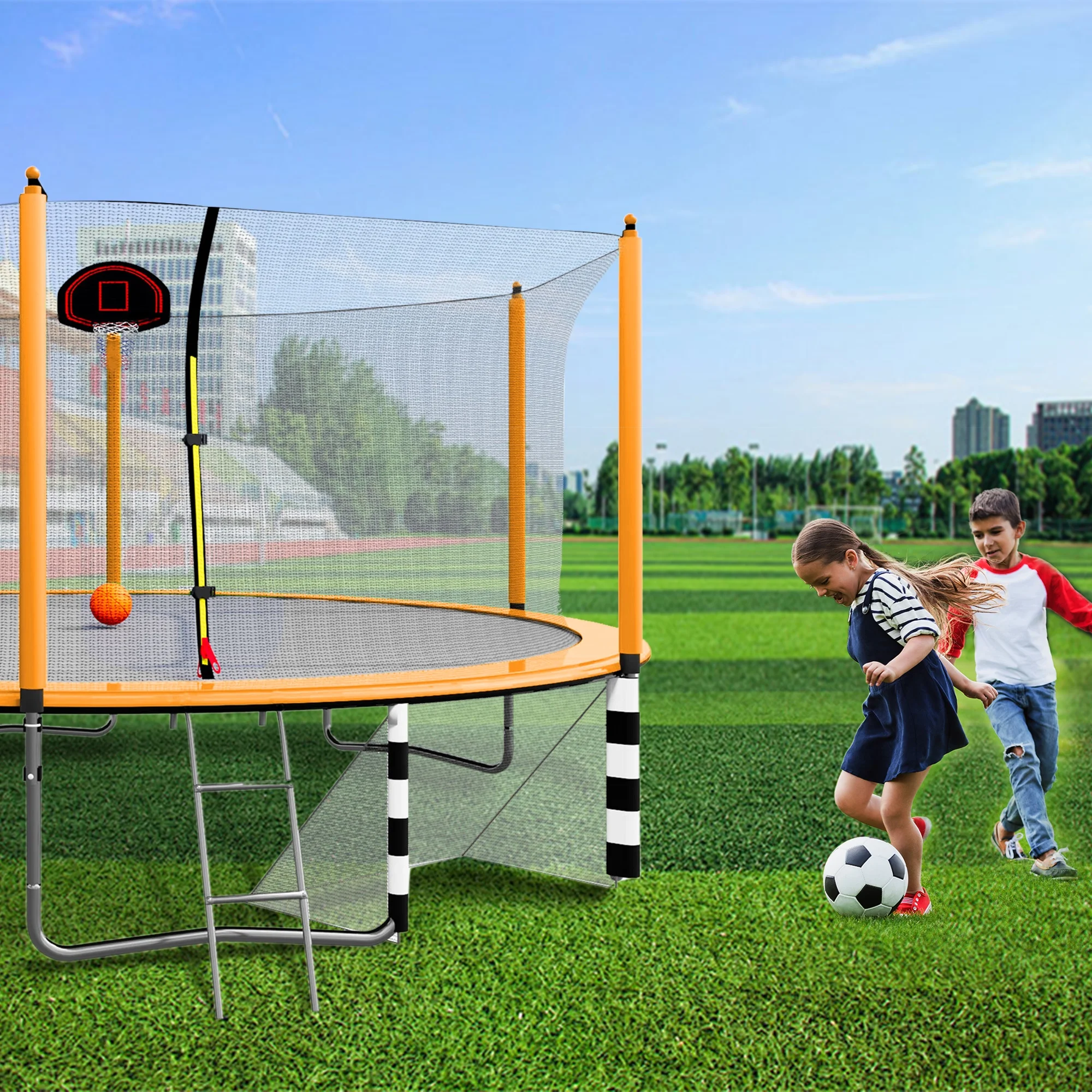 16FT Trampoline with Basketball Hoop, Outdoor Trampoline with Safety Enclosure Net, Recreational Trampoline for Kids and Adults with Soccer Goal, 1000lbs Weight Capatity for Backyard, Patio