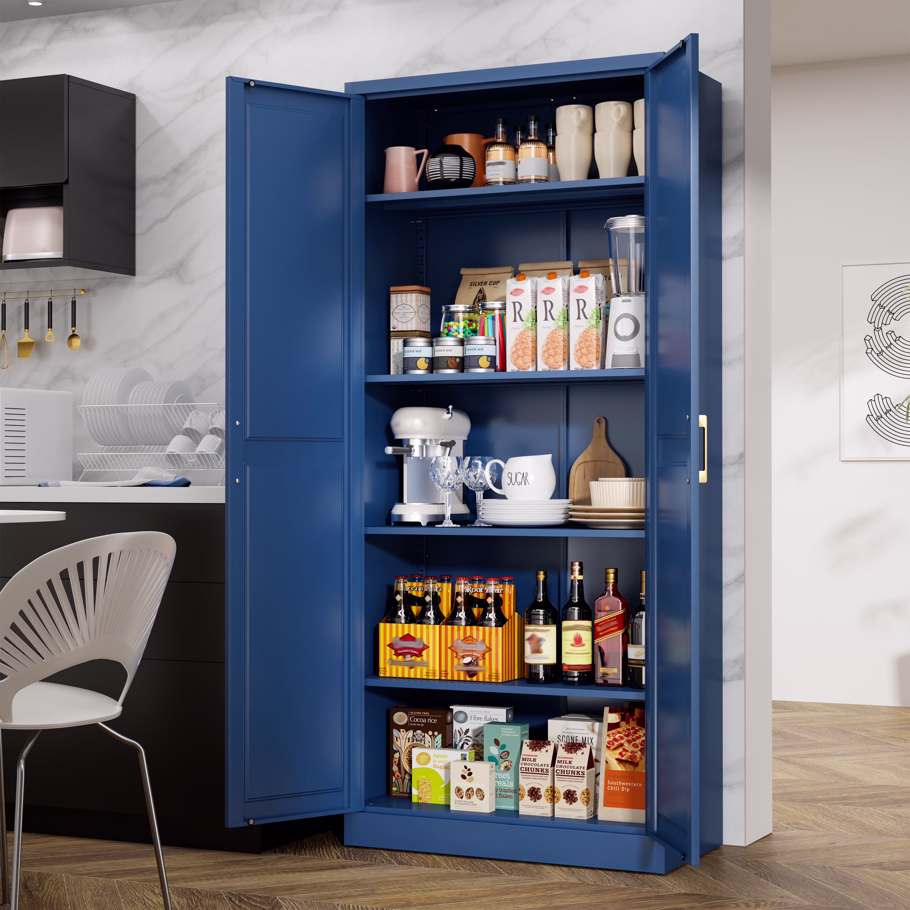Polup White 75" H Modern Kitchen Storage Cabinet with Doors and Adjustable Shelves
