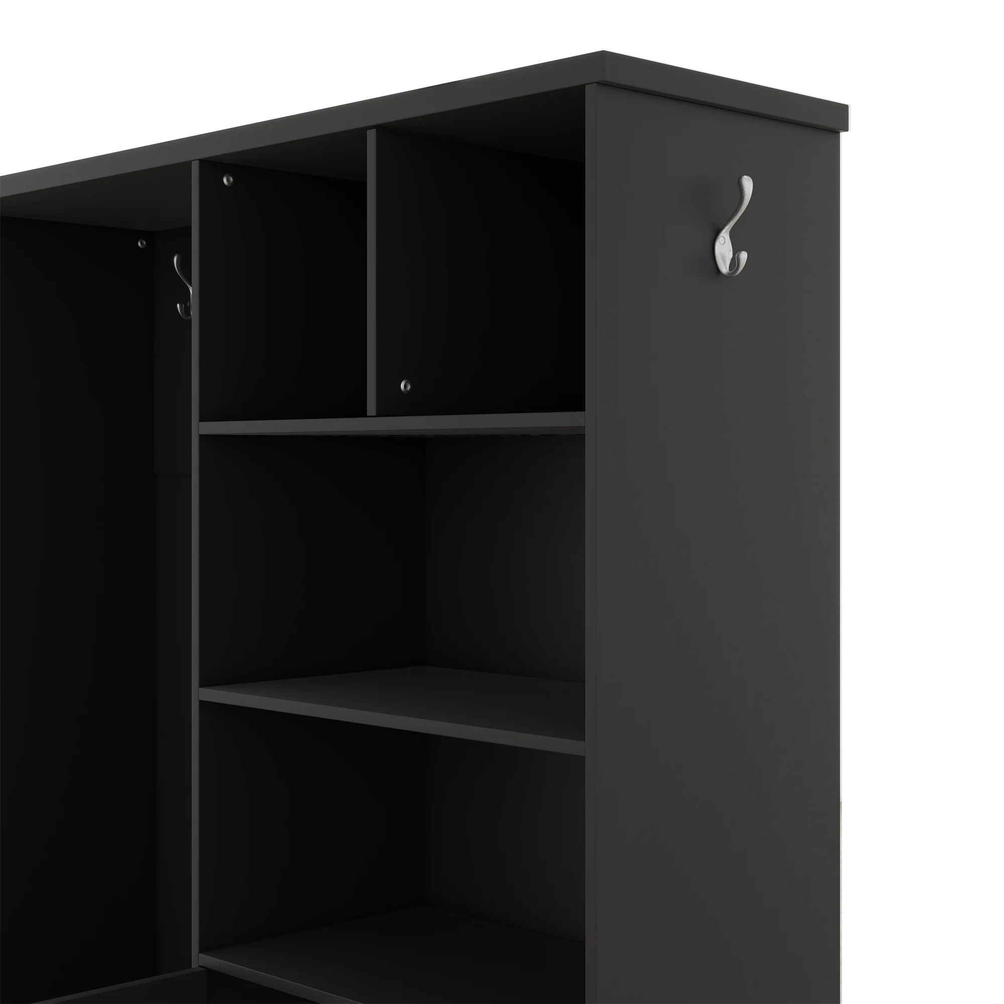 Bellemave 59"W Farmhouse Hall Tree with Storage Shelves and Shoes Rack Multi-functional Coat Rack with Hooks Entryway Shoes Storage Seating Bench Coat Hanger for Hallway (Black, With Shoes Rack)
