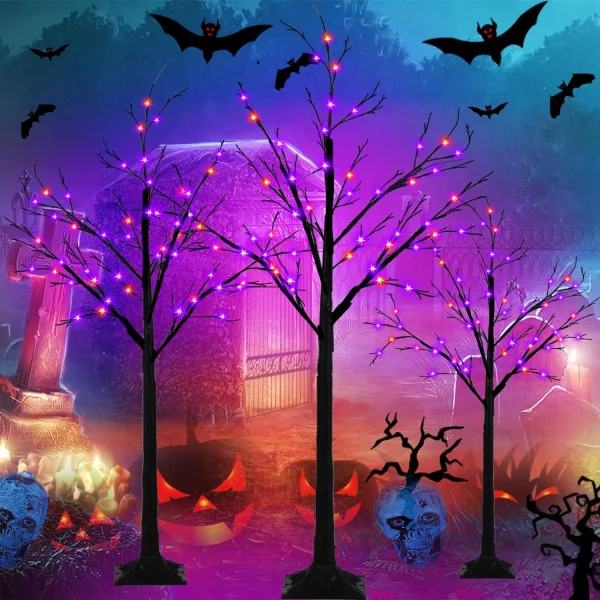 Set of 3 Glowing Black Halloween Trees with 96 LED Lights