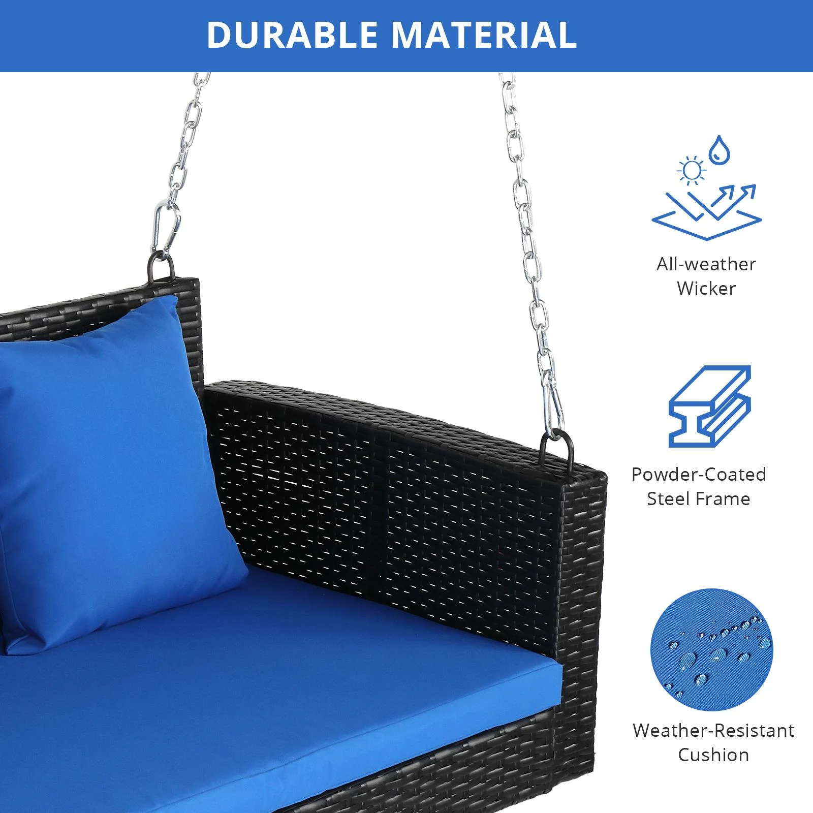 Zimtown Patio Rattn Wicker Swing, Outdoor Bench w/ Blue Cushion, Outdoor Seat Garden Swing for 2 Person