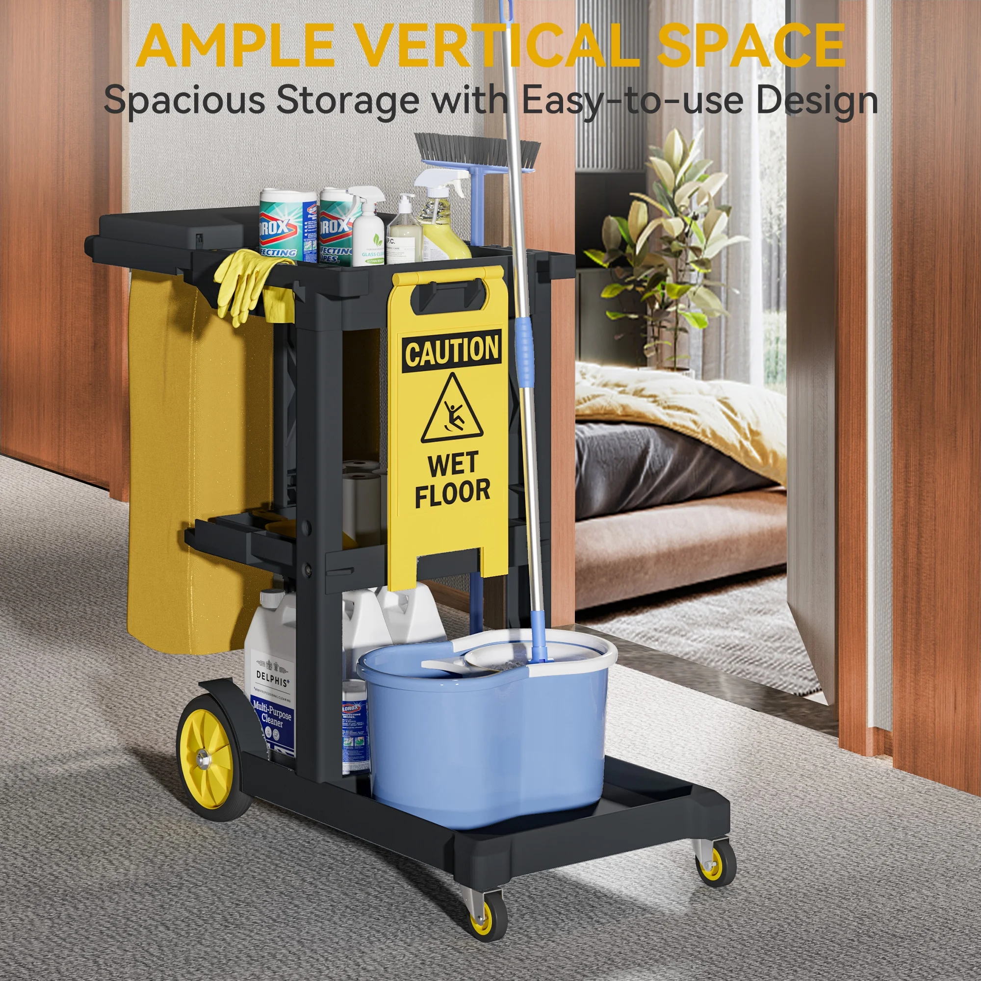 Dextrus Commercial Janitorial Trolley Cleaning Cart, 25 Gallon Capacity with Cover, for Housekeeping & Facility Maintenance, Black