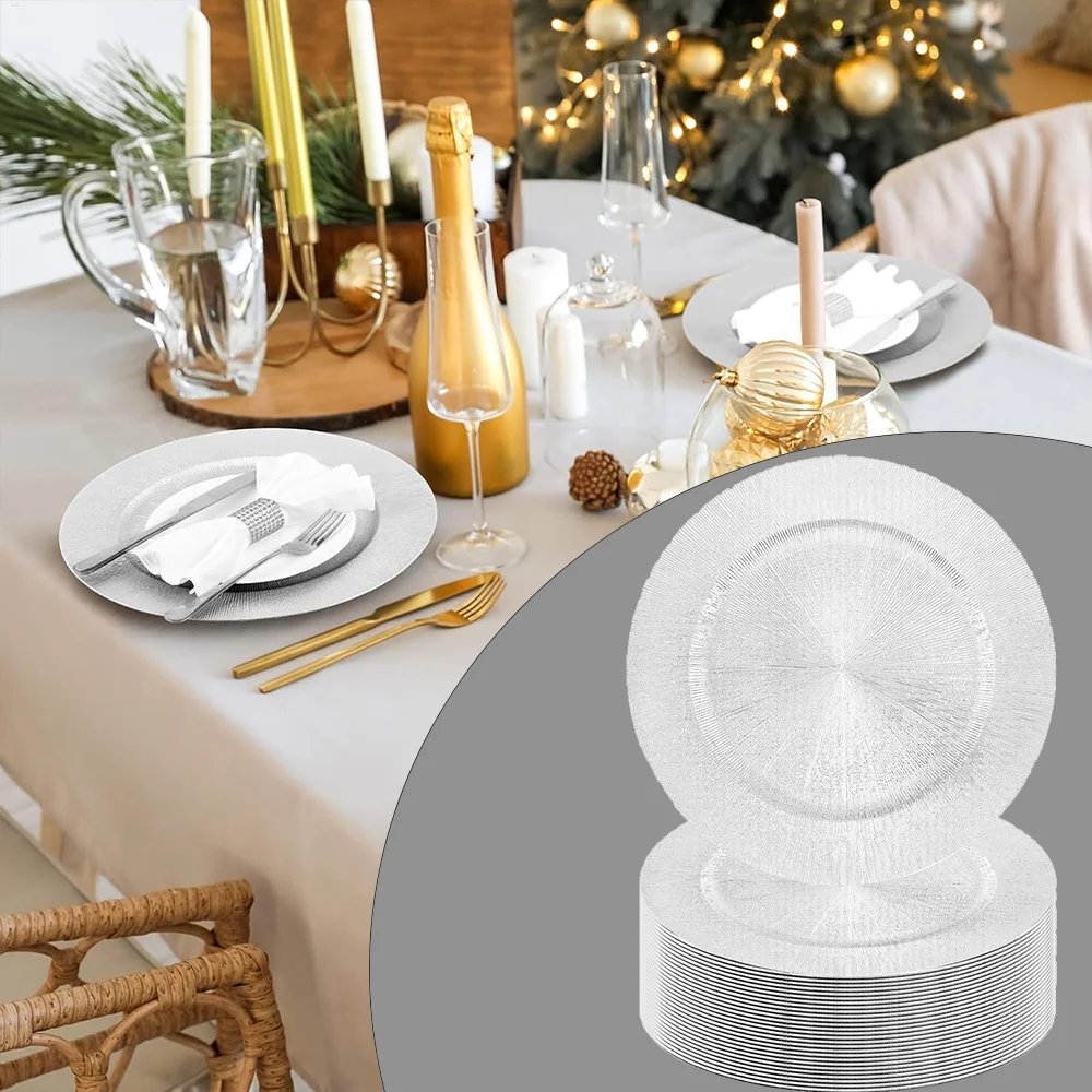 WAASOSCON 100Pcs Bulk Silver Charger Plates, PP Charger Plates for Weddings, Textured Decorative Tableware for Events and Holiday Parties