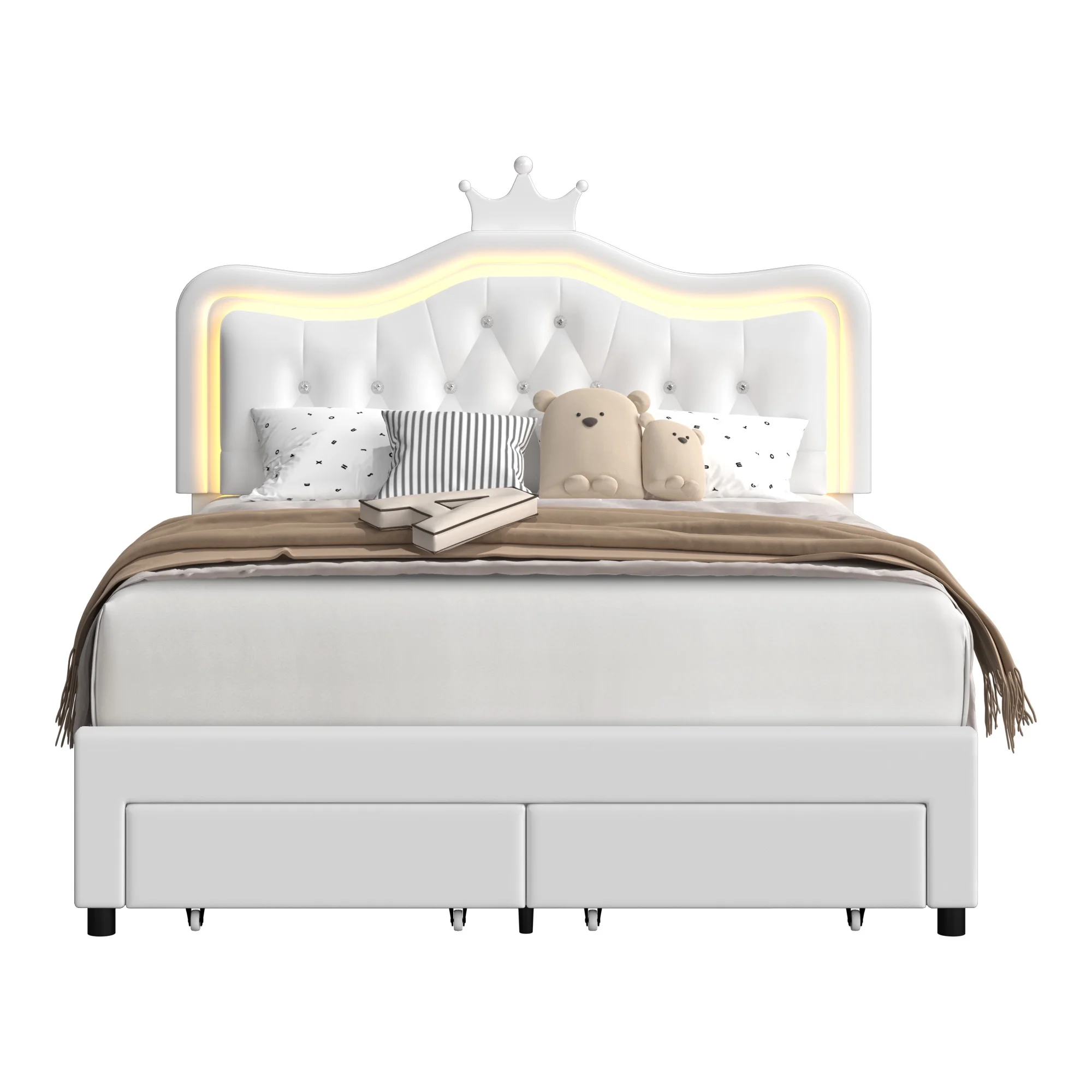 Homfa Full Size Bed, LED Upholstered Bed with Adjustable Crystal Button Tufted Crown Headboard, Soft PU Princess Platform Bed with Storage Drawers, Pink