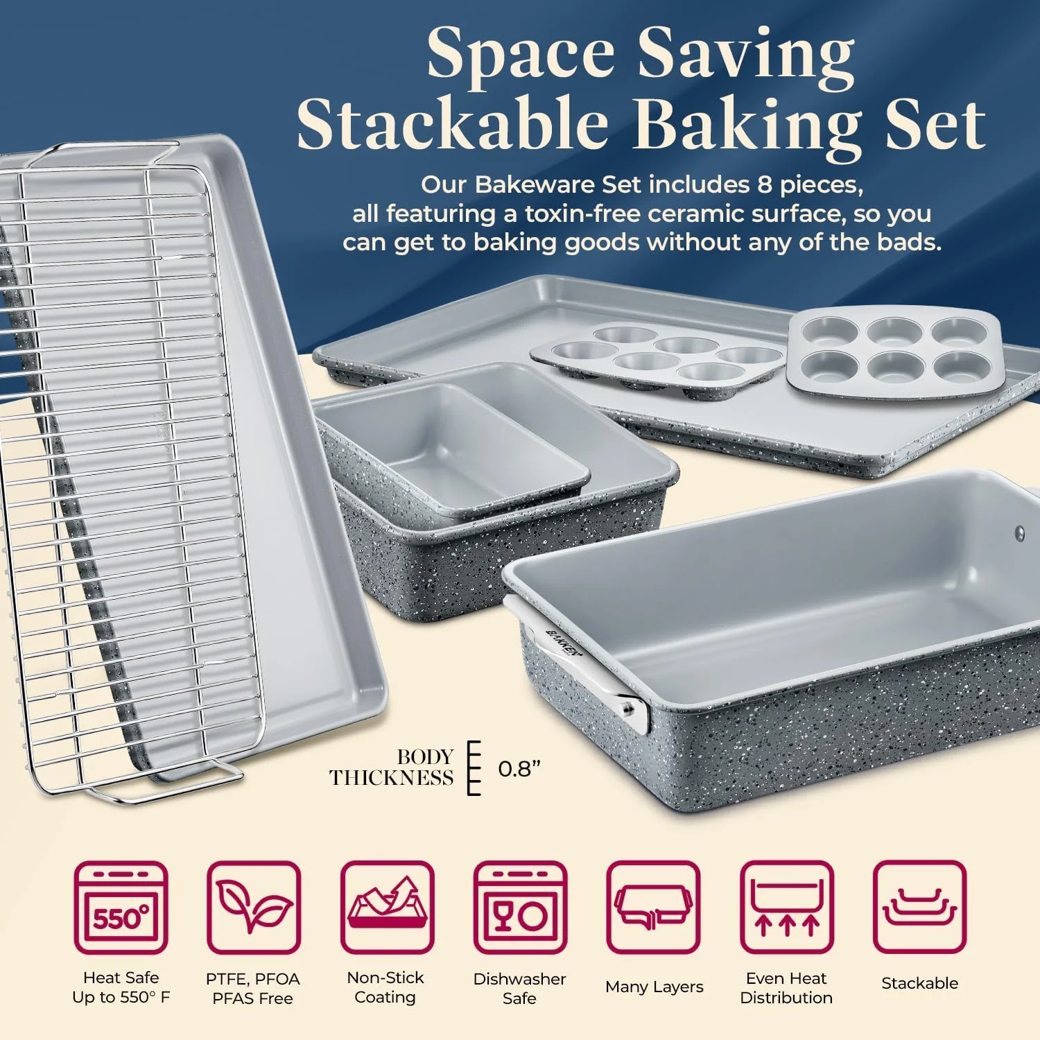8-Piece Stackable Bakeware Set - Aluminized Steel with Ceramic Non-Stick Coating, Healthy Baking, Ergonomic Handles, Cooling Rack, Non-Toxic, Oven-Safe, Durable Quality