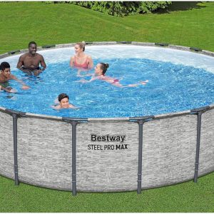 Steel Pro MAX 14 Foot x 48 Inch Round Metal Frame Above Ground Outdoor Swimming Pool Set with 1,000 Filter Pump, Ladder, and Cover, Gray