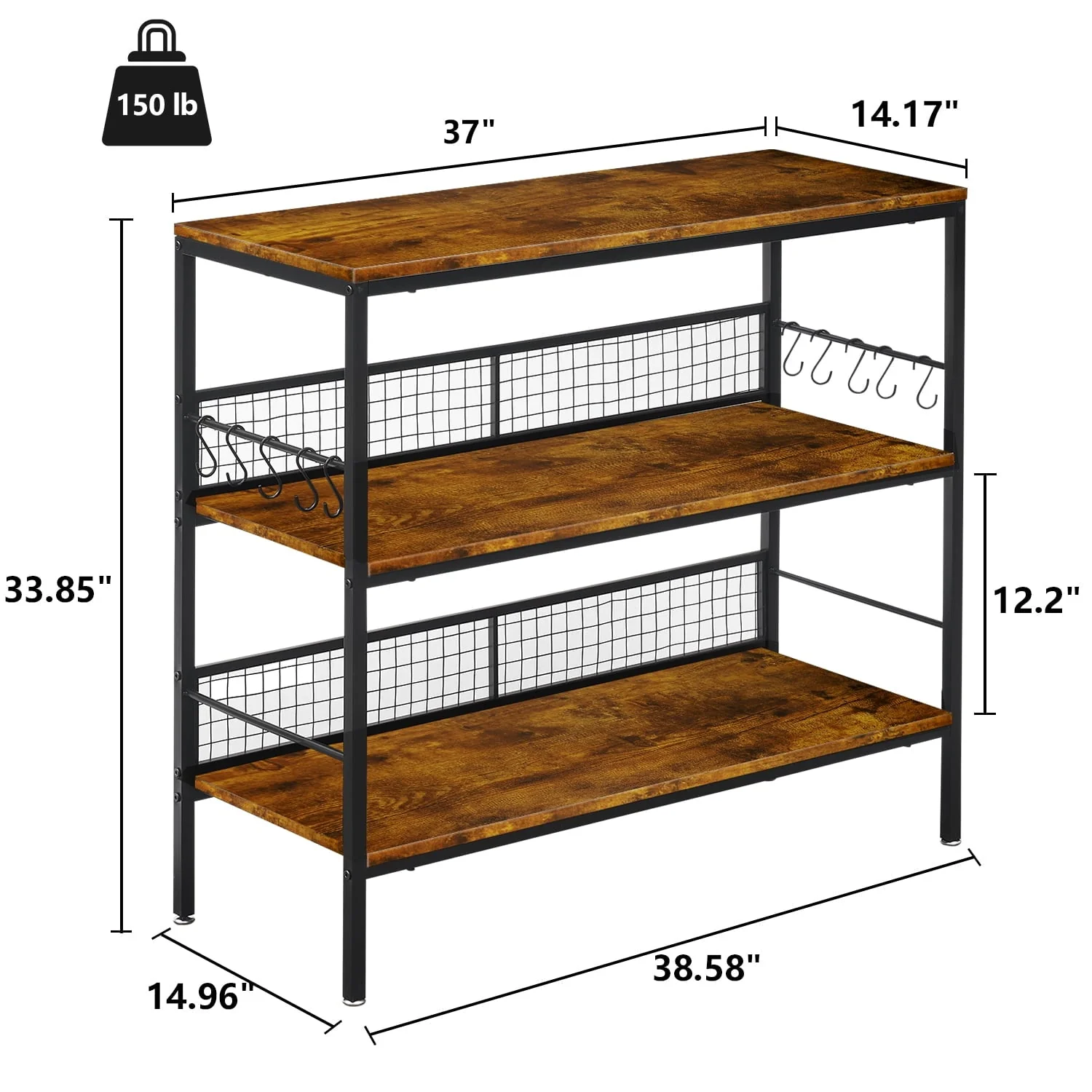 Cheflaud Rolling Kitchen Storage Cart Island with large open shelves and Large Worktop, 3-Tier Kitchen Baker’s Rack with 10 Hooks, Stable Steel Structure and Easy Assembly, Rustic Brown