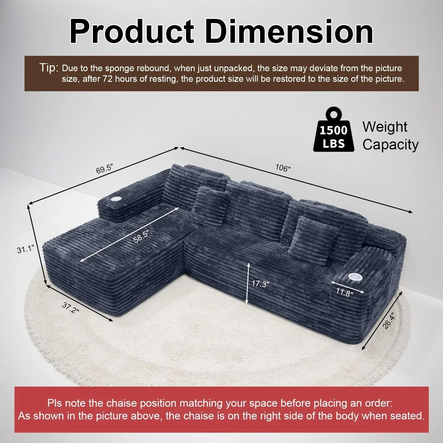 Cloud Sectional Couch with L-Shape Chaise Modern Modular Sofa Deep Seat Built-in Cup Holder