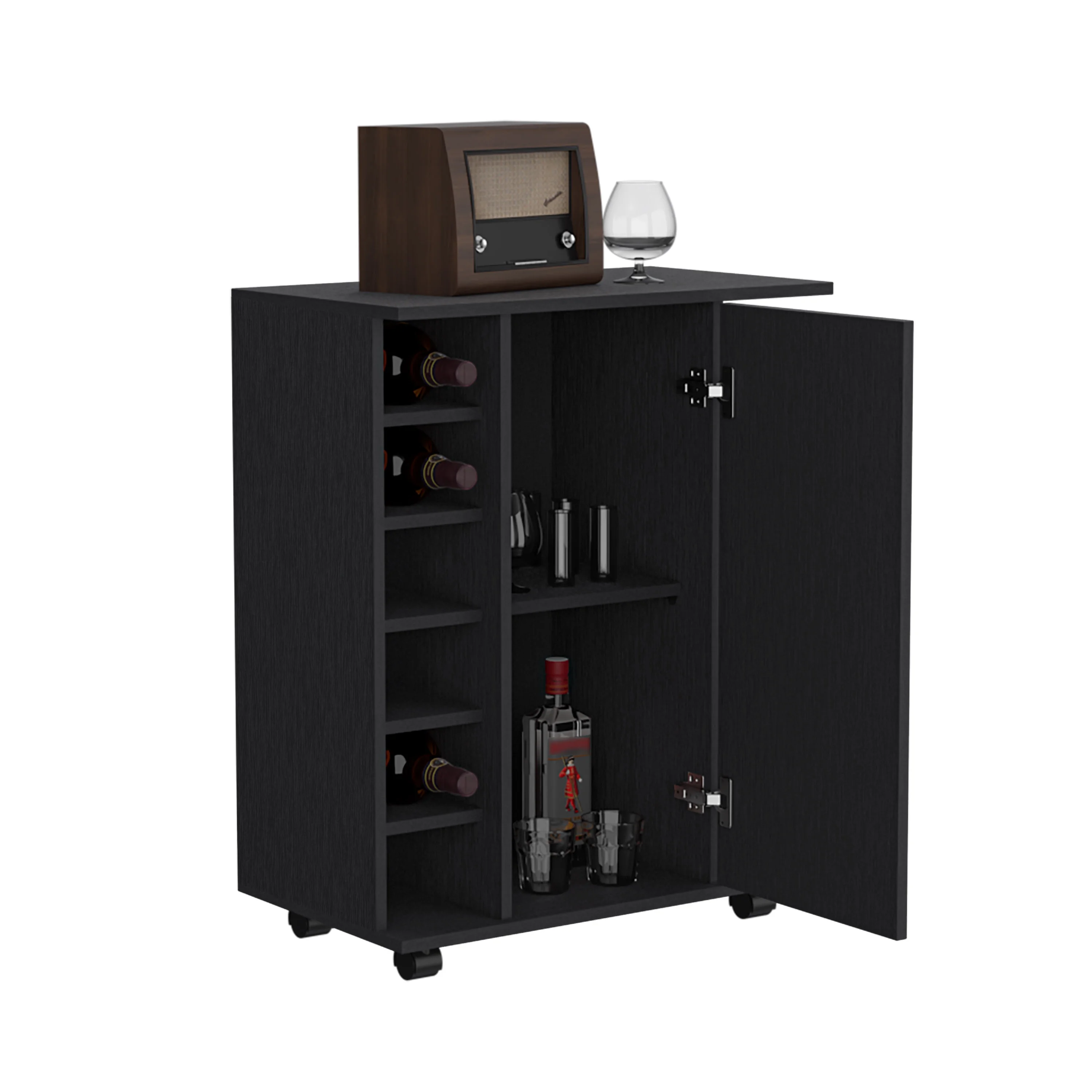Royard Oaktree Modern Coffee Bar Cabinet wit Wheels, Home Bar Cart with Door, 6-bottle Wine Rack, and Storage Shelves, Small Wine Bar Cabinet for Kitchen, Living Room, Dining Room, White
