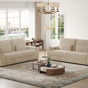 87-Large Loveseat Sofa, 3 Seater Couch with Storage, Velvet Fabric Deep Seat Sofa with Pillow& Cup Holders, Modern Comfy Sofa with USB& Type-C Ports, Home Sofa Couch for Living Room Bedroom