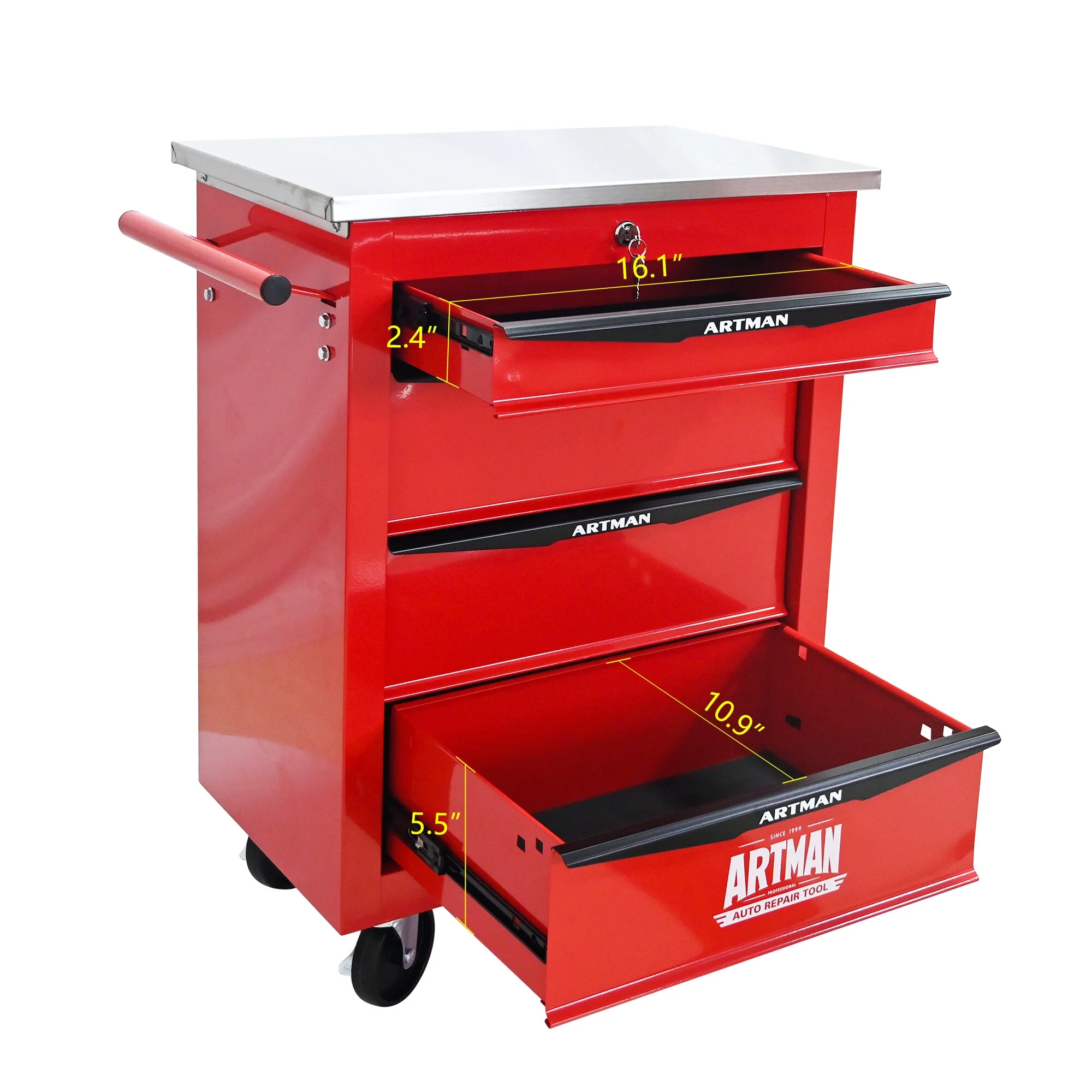 Tool Cabinets 4 Drawers Multifunctional Tool Cart with Wheels,Metal Rolling Tool Cart Storage for Garage Workshop Warehouse Repair Shop--With Stainless Steel Roof- Red&Black,Garage Tool Cabinets