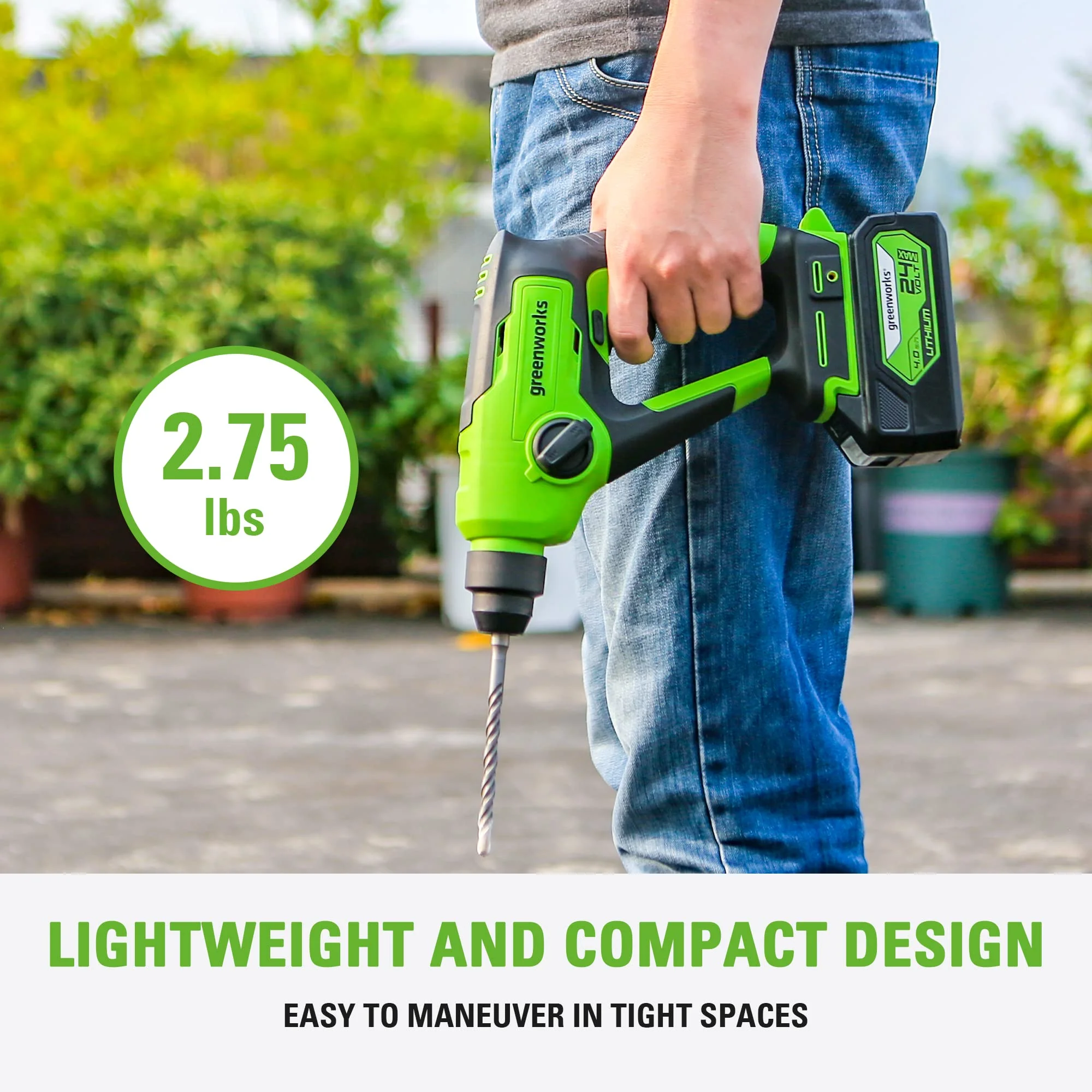 Greenworks 24V Cordless SDS 1.2J Heavy Duty Rotary Hammer Drill, 4Ah Battery and Charger Included