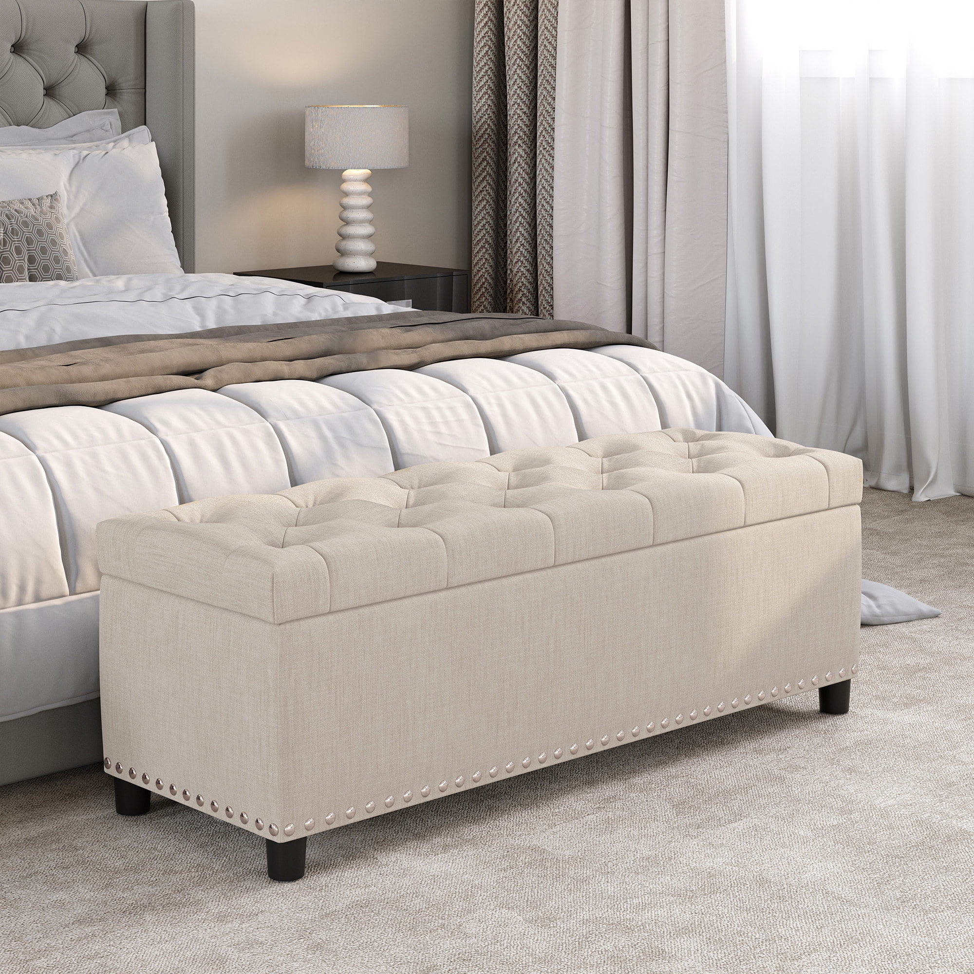BELLEZE 35 Inch Storage Ottoman, Button-Tufted Ottoman Linen Storage Bench with Safety Close Hinge, Ottoman with Storage for Living Room, Entryway, Hallway, Foot Rest, Support 300lbs - Dark Grey