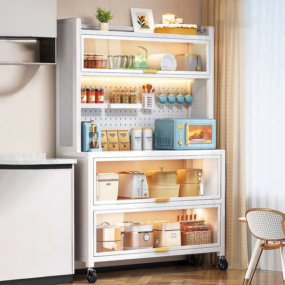 Kitchen Storage Rack, Microwave Stand with Flip Door and Pegboard, Large Kitchen Storage Shelves with Wheels & 8 Hooks, Free Standing Kitchen Bakers Rack for Garage Pantry Kitchen Home White