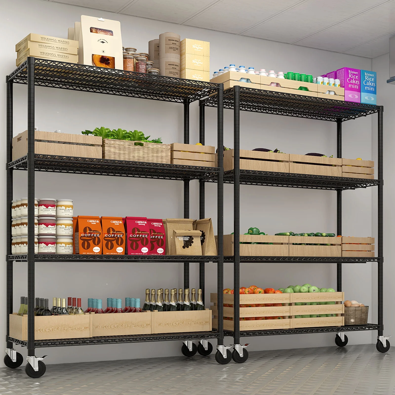 Ktaxon 4 Tier Wire Shelving with Wheels, 46"W x 17.7"D x 65"H Multifunctional Storage Rack Metal Garage Shelves Organizer, Capacity for 800lbs, Black