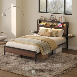Bestier Queen Size Platform Bed Frame with Wood Foldable Bedside Shelves and LED Storage Headboard Charge Station, Gray