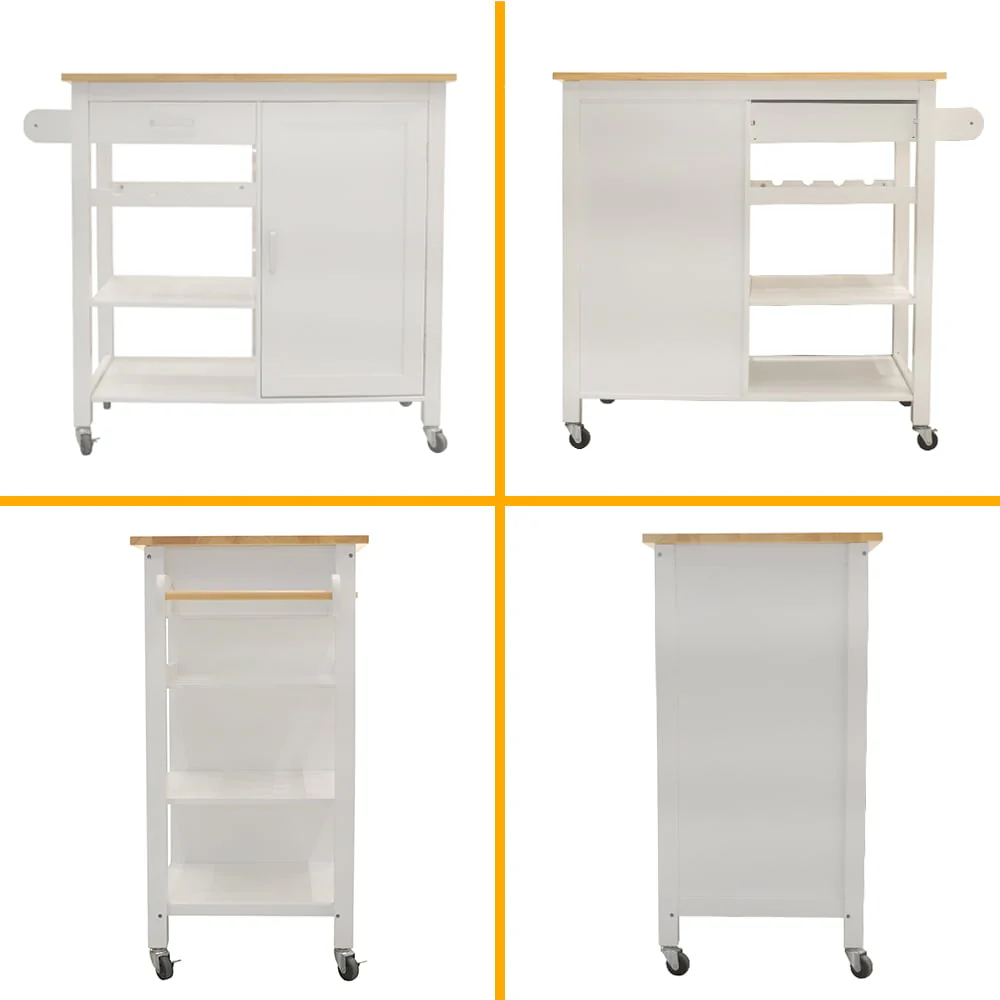 Highsound Wooden Kitchen Island Cart with 3 Shelfs and Cabinet, Kitchen Storage Carts Table with Drawer and Lockable Wheels, White