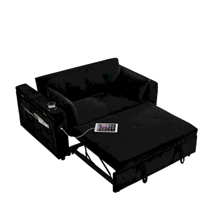 54 Pull-Out Sleeper Sofa Bed, 2 Seat Recliner Sofa Bed with Storage, Lumbar Pillow, USB Power Outlet