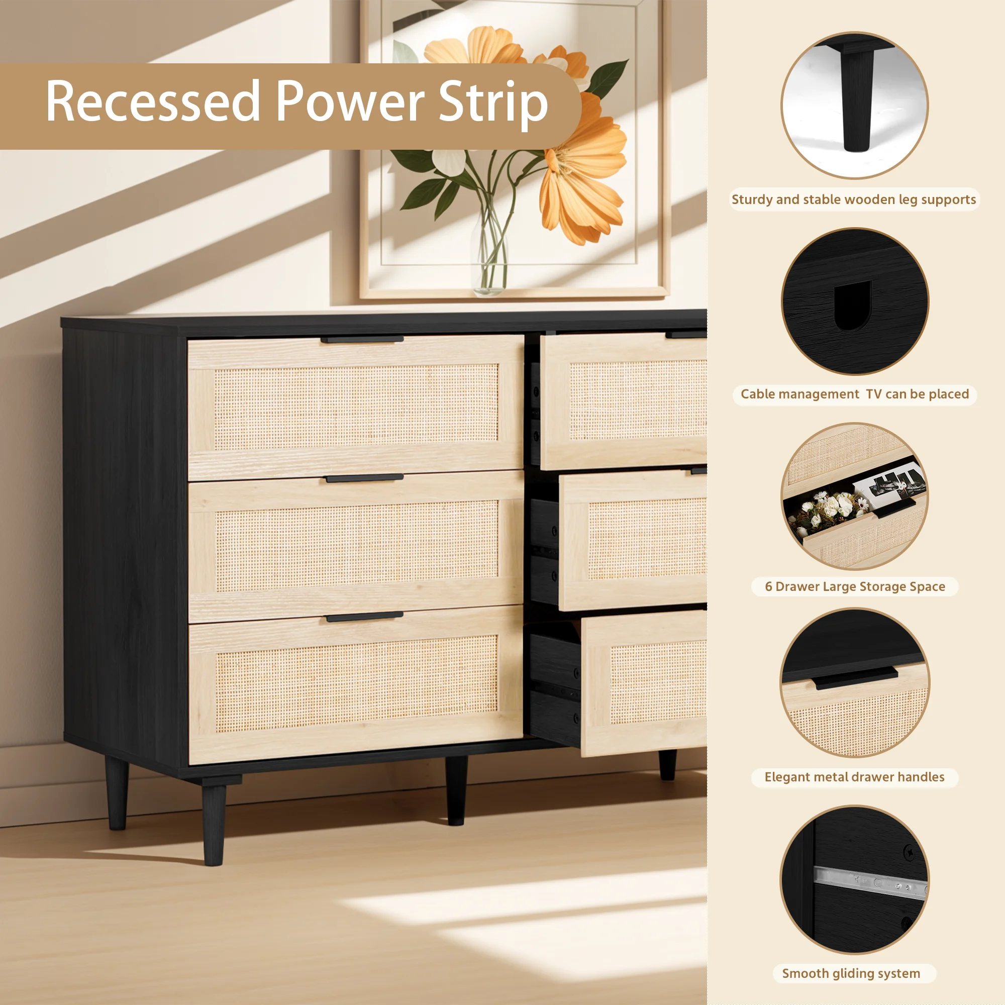 LAZZO 3 Modern Drawer Dresser Rattan, Wooden Dresser Chest of Large Storage Cabinet