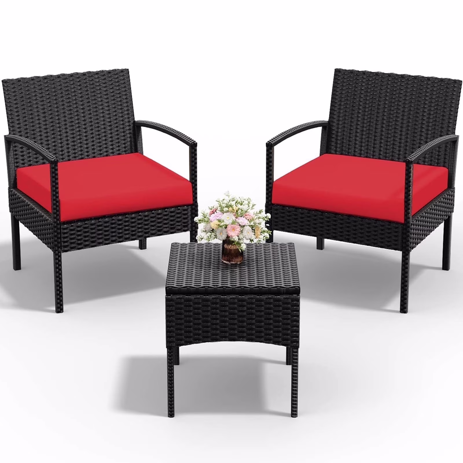 Tappio Outdoor Furniture 3 Piece Patio Bistro Furniture Set, Rattan Conversation Chairs Set with Side Table and Cushions, Patio Furniture Sets for Balcony Garden Porch, Red