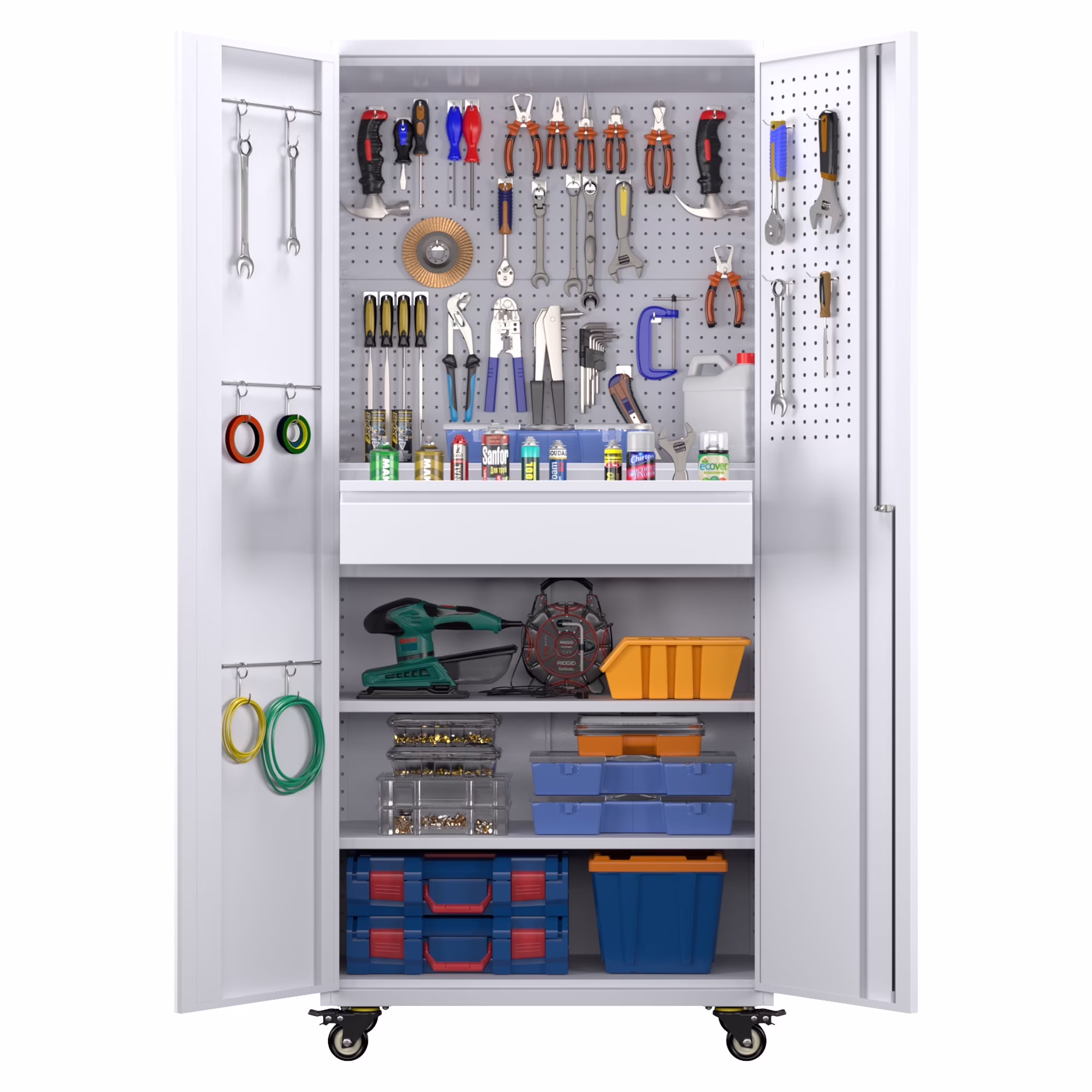 GangMei 71-Inch Metal Lockable Storage Cabinet with Pegboards and 5 adjustable shelves, White, Assembly Required