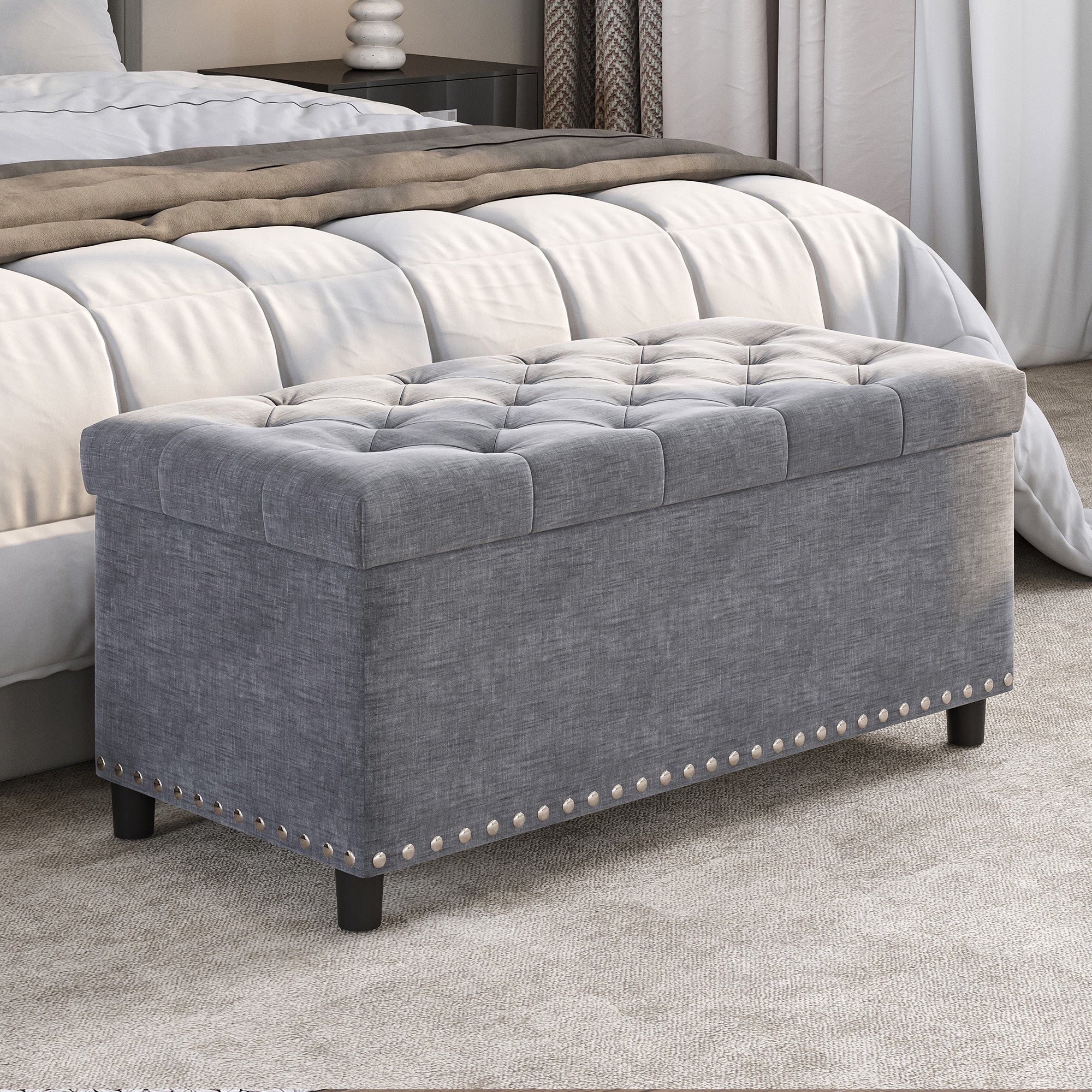 BELLEZE 35 Inch Storage Ottoman, Button-Tufted Ottoman Linen Storage Bench with Safety Close Hinge, Ottoman with Storage for Living Room, Entryway, Hallway, Foot Rest, Support 300lbs - Dark Grey